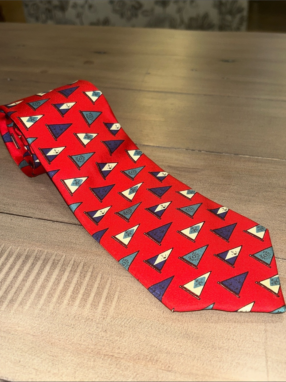 Burberry Red Silk Tie with Navy and Cream Nautical Flag Motif